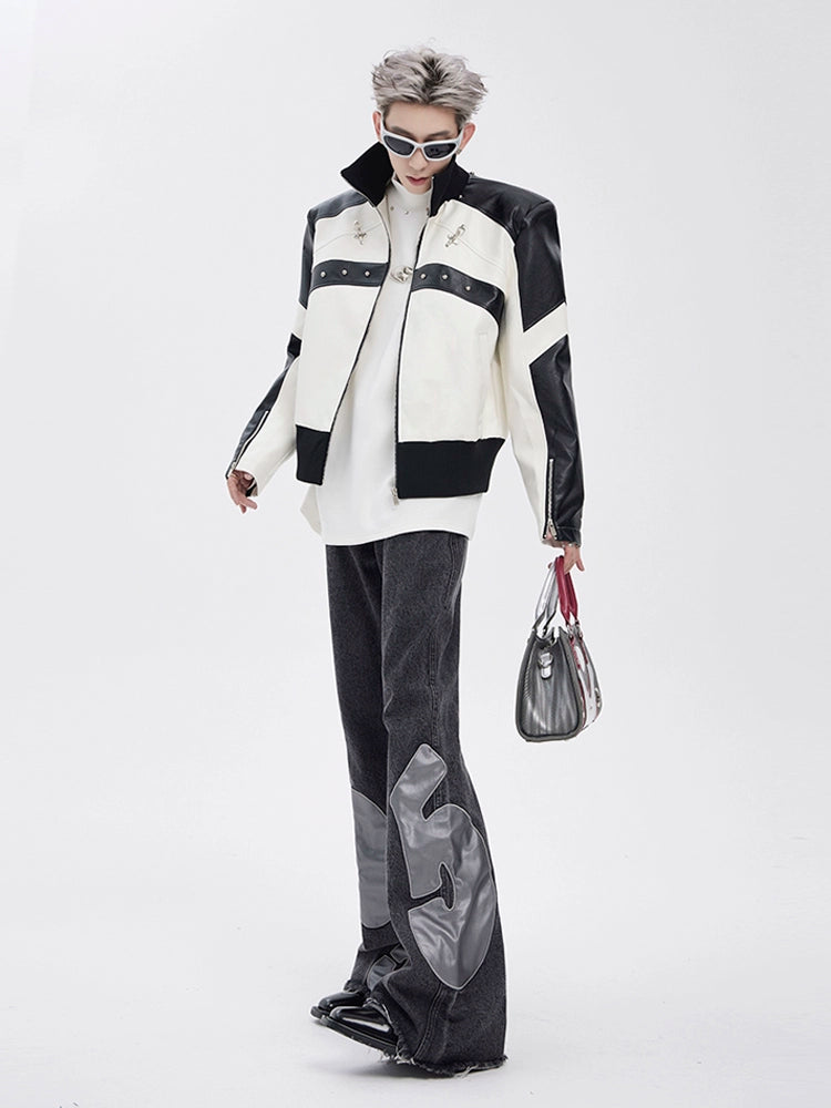 STARTEXCEEDEND Men's Short Biker Leather Jacke-Black White-M 45-60kg-Free Shipping Leatheretro