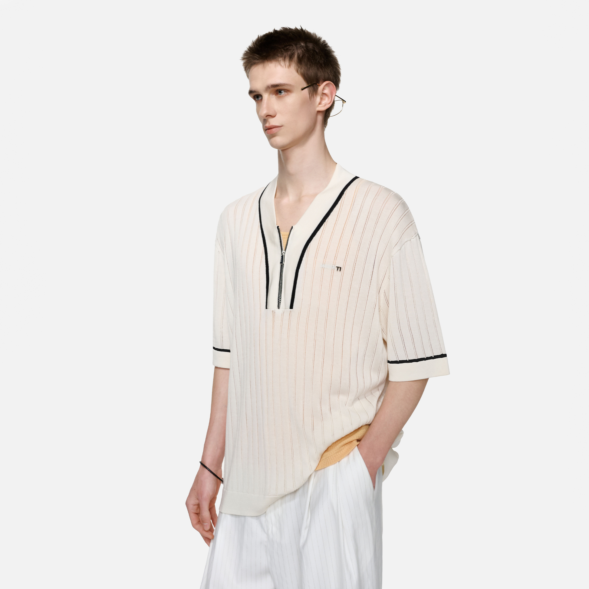 TIWILLTANG Openwork Contrast Trim Zip-Neck Knitted T Shirt-T Shirt-S-Free Shipping Leatheretro