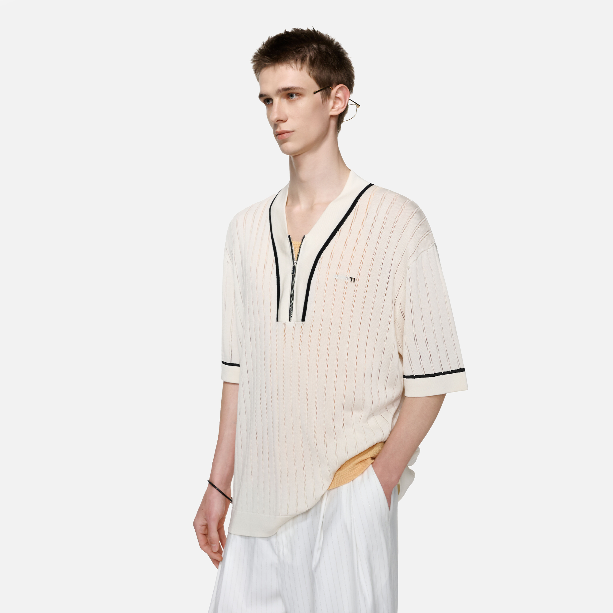 TIWILLTANG Openwork Contrast Trim Zip-Neck Knitted T Shirt-T Shirt-S-Free Shipping Leatheretro