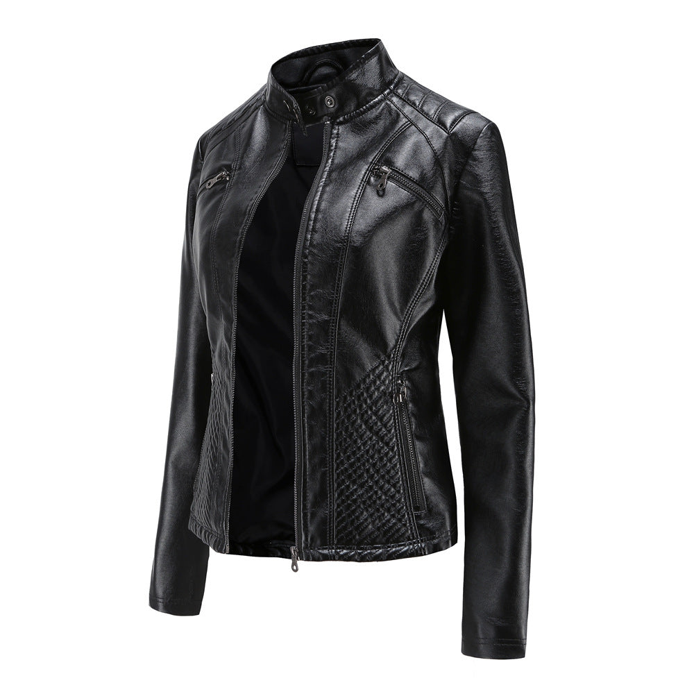 Women Casual Faux Leather Stand Collar Jacket-black-EU(XS)-Free Shipping Leatheretro