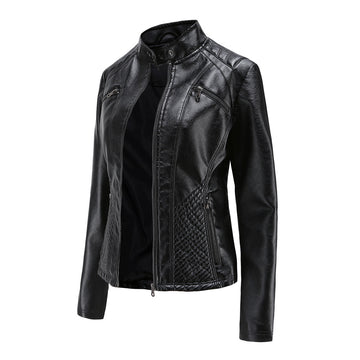 Women Casual Faux Leather Stand Collar Jacket-black-EU(XS)-Free Shipping Leatheretro