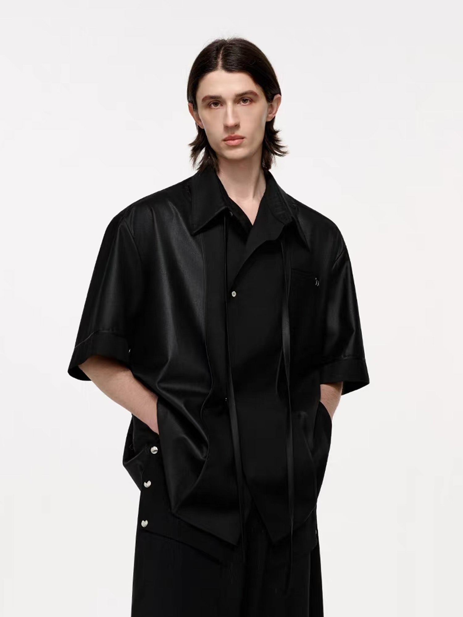 TIWILLTANG Draped Camp-Collar T Shirt-Jacket-S-Black-Free Shipping Leatheretro