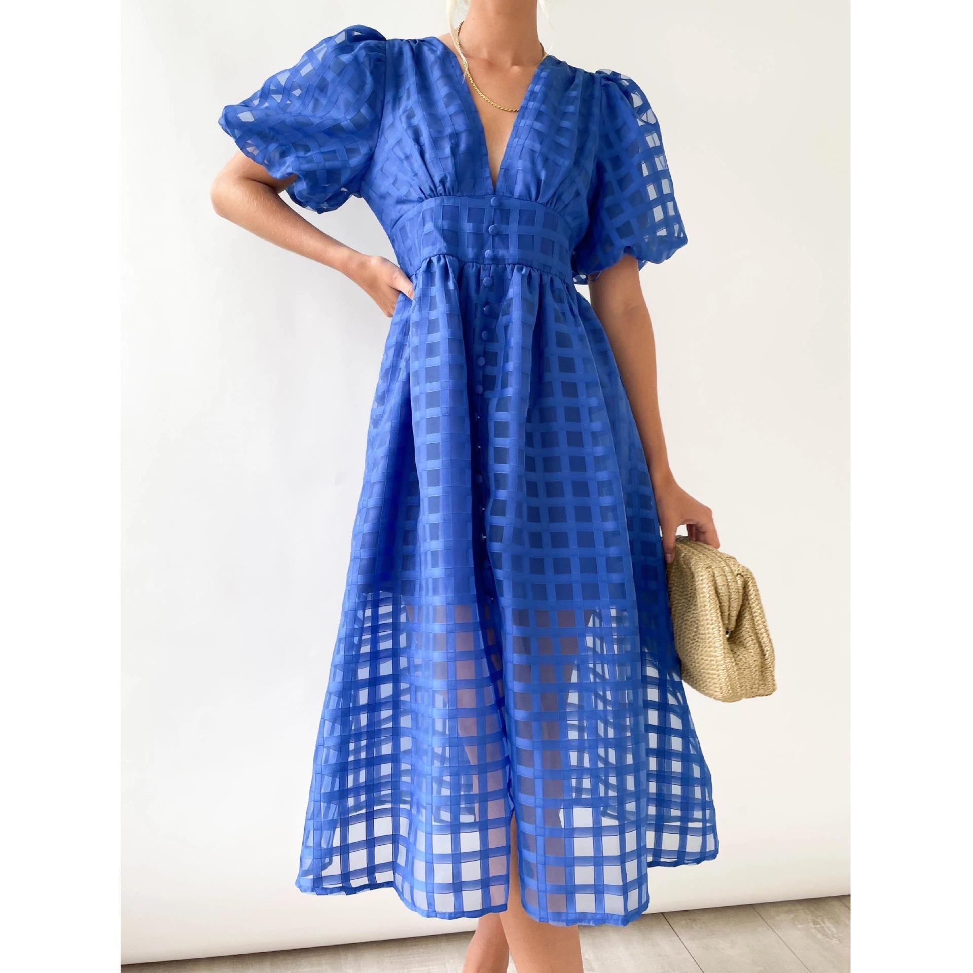 Classic Summer Hollow Design Lantern Sleeves Multi-color Women Dresses-Dresses-884 blue-S-Free Shipping Leatheretro