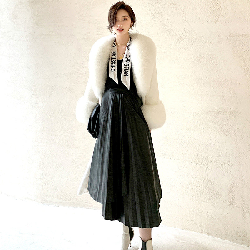 Luxurious Fox Fur Wool Plus Sizes Long Overcoats-Outerwear-White-S-Free Shipping Leatheretro