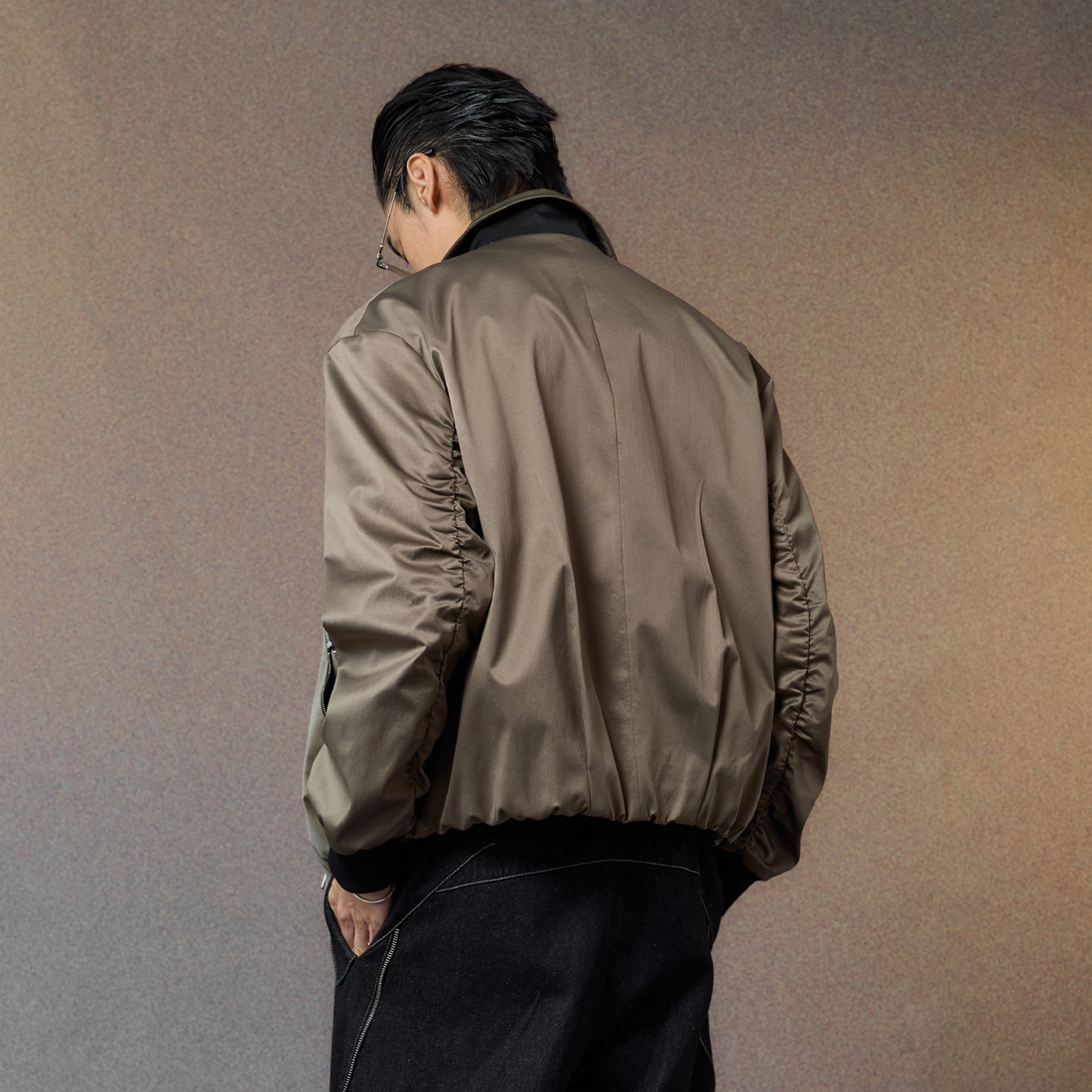ALVNG AR ANTS Ruched-Sleeve Dual-Zips Bomber Jacket-Jacket-S-Free Shipping Leatheretro