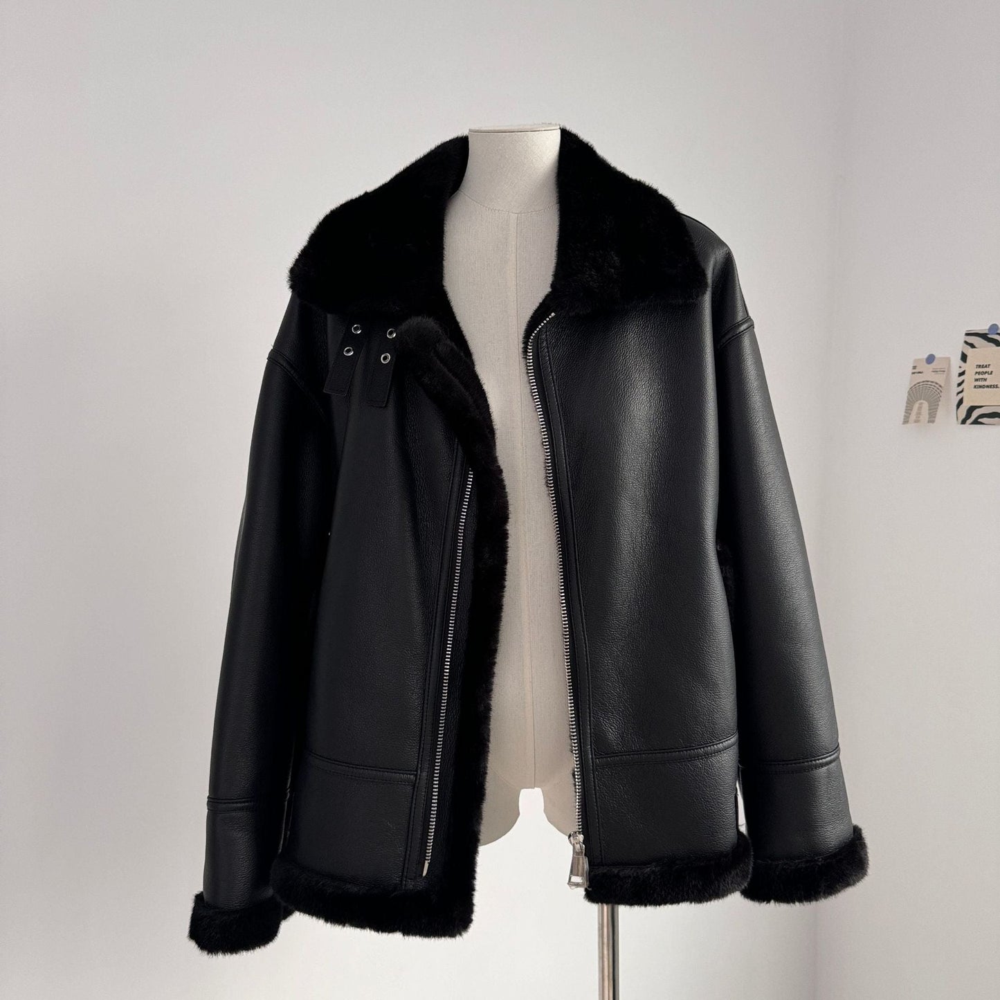 Vintage Stand Collar Leather with Fur Warm Jacket Coats-Coats & Jackets-Black-M-Free Shipping Leatheretro