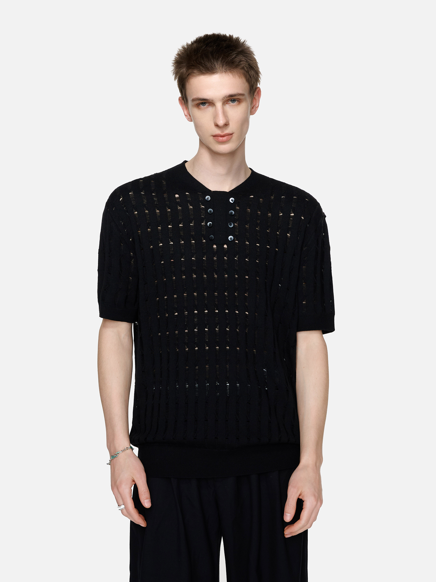 TIWILLTANG Essential Openwork Knitted T Shirt-T Shirt-S-Black-Free Shipping Leatheretro
