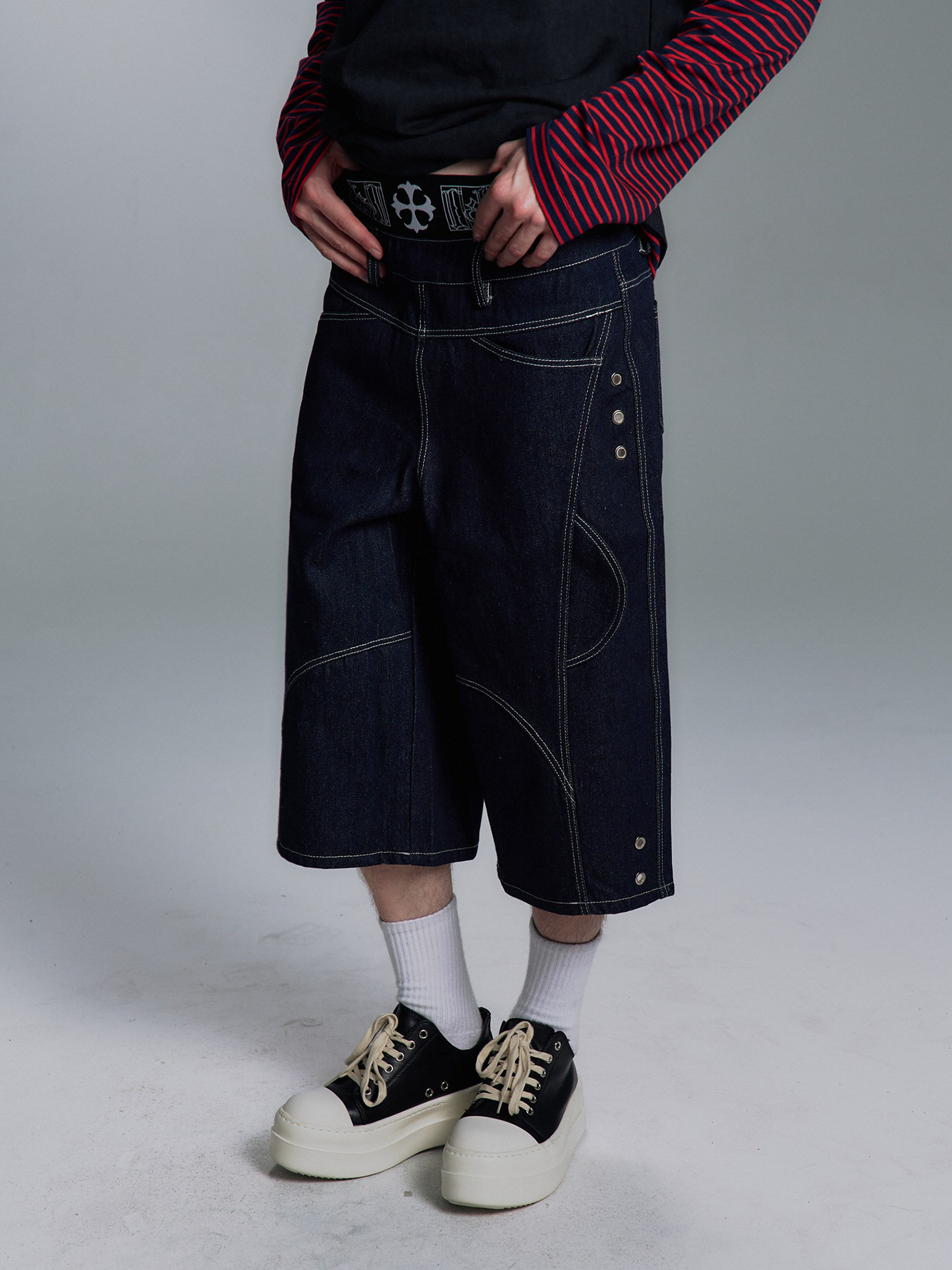 PAIKI Retro Double-Waist Contrast Stitch Cargo Shorts-Shorts-S / 29"-Black-Free Shipping Leatheretro