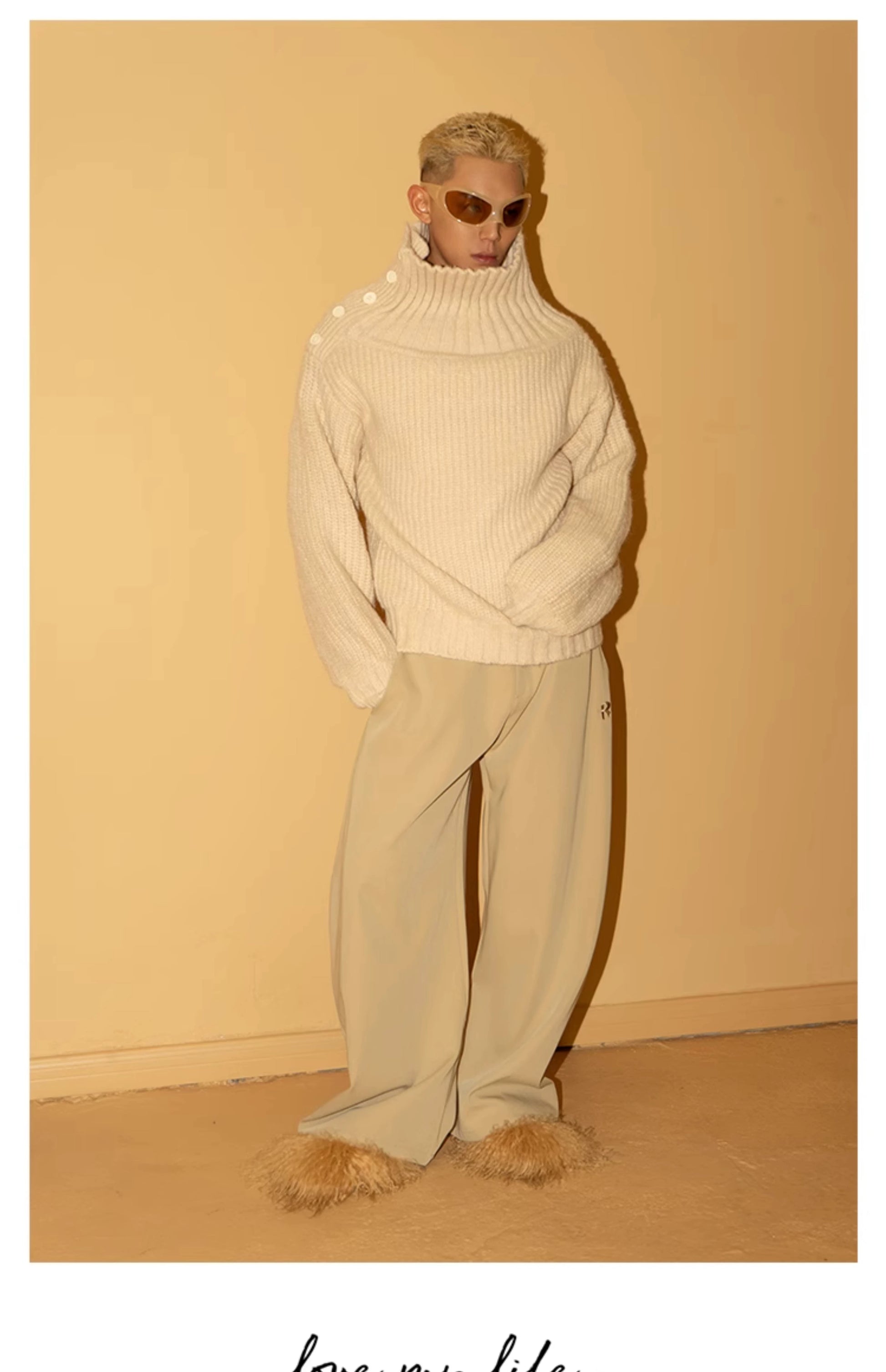 CLP Men's Apricot Cable-Knit Turtleneck Sweater-Apricot-S-Free Shipping Leatheretro