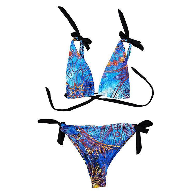 Vintage Floral Print Sexy Bikini Swimwear-Women Swimwear-Blue-S-Free Shipping Leatheretro