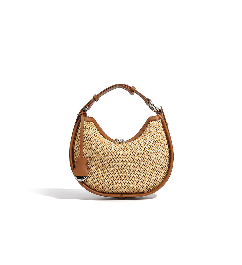 Woven Genuine Leather Crescent Bag-Handbags-White-Free Shipping Leatheretro