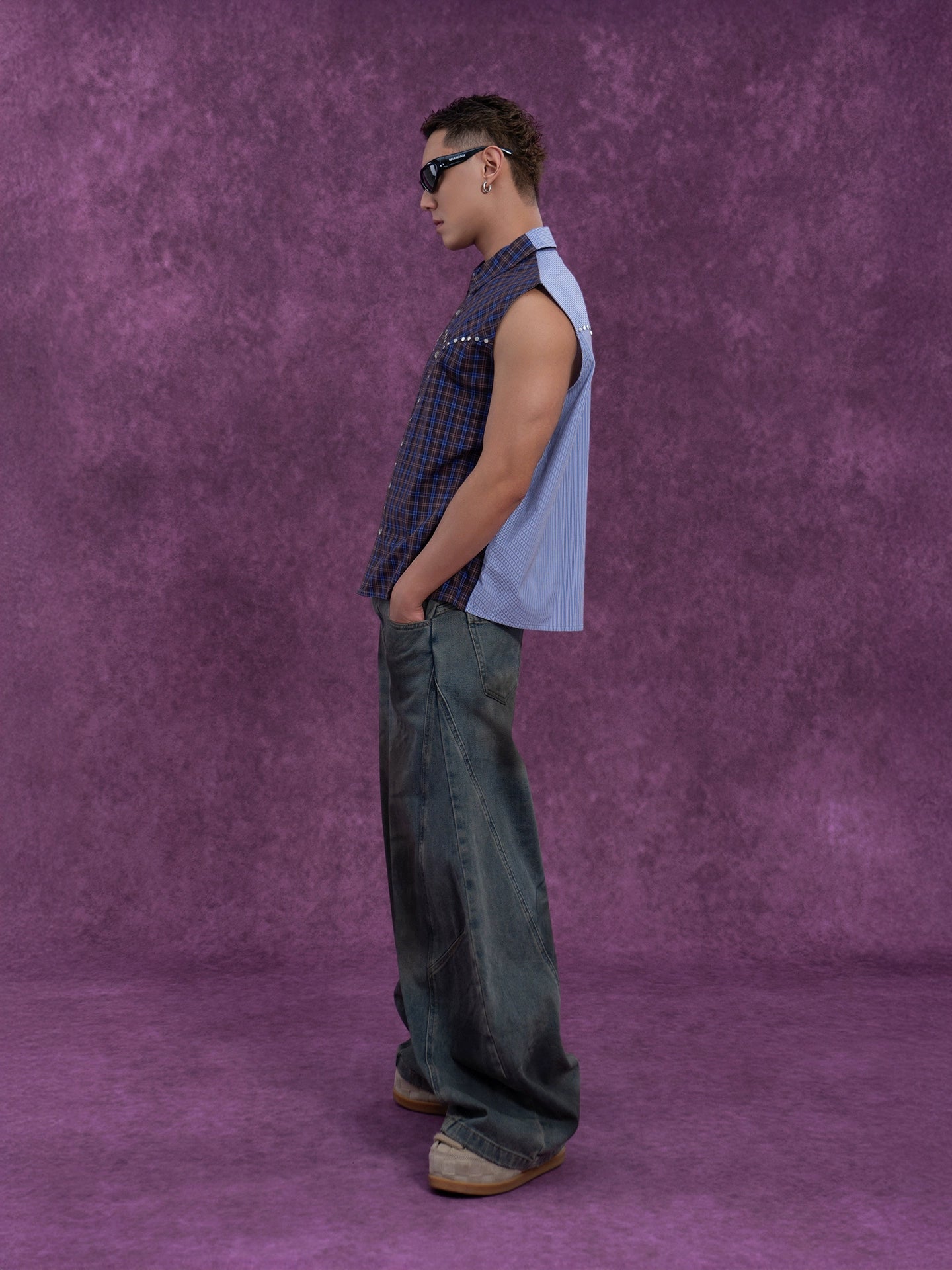 CLP Men's Blue Checkered & Striped Sleeveless Shirt Vest with Rivet Details-Blue-S-Free Shipping Leatheretro