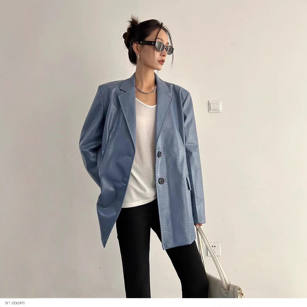 Women's Faux Leather Blazer – Oversized Casual Jacket-black-S-Free Shipping Leatheretro