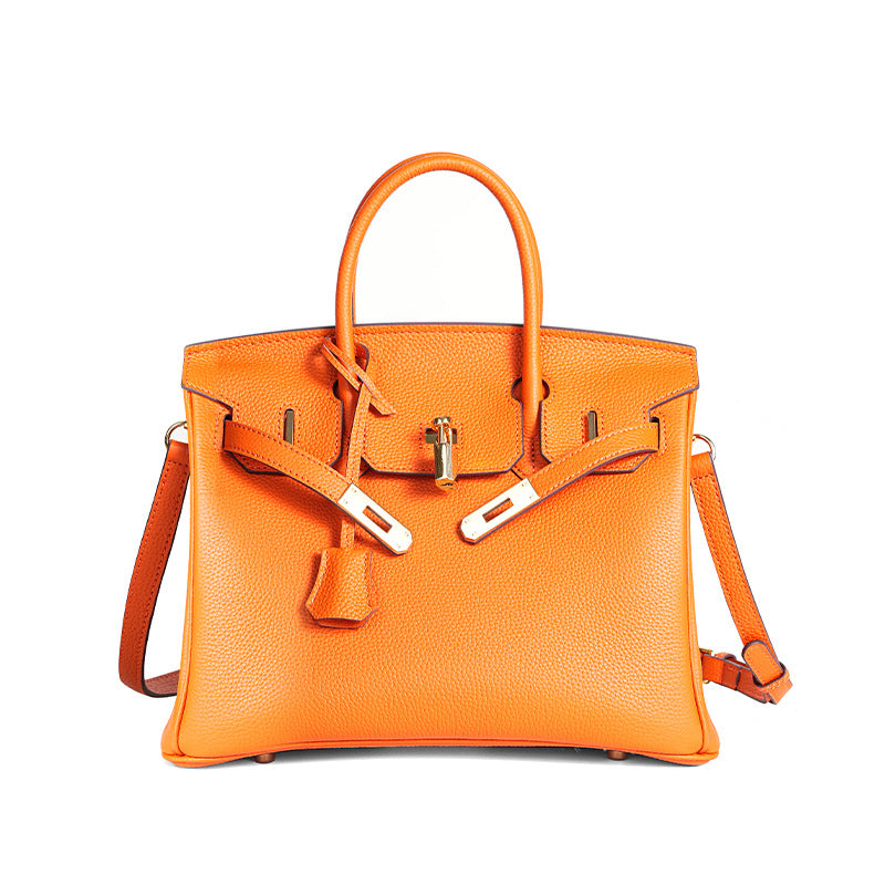 Luxury Genuine Top Grain Pebbled Leather Women's Handbag with Lock Closure-Handbags-elephant gray-35CM-Free Shipping Leatheretro