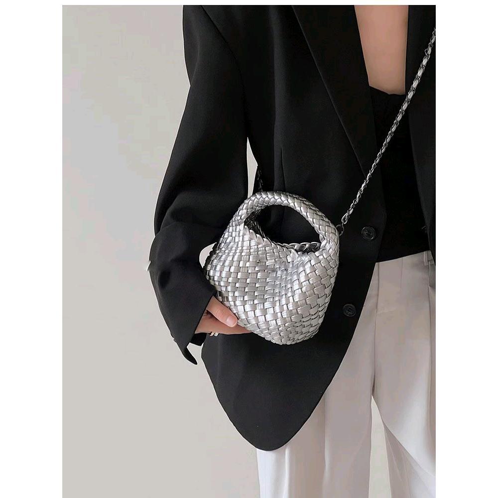 Handwoven Mini Faux Leather Handbag-黑色+编织零钱包+长链条-17cm *13cm-Free Shipping Leatheretro