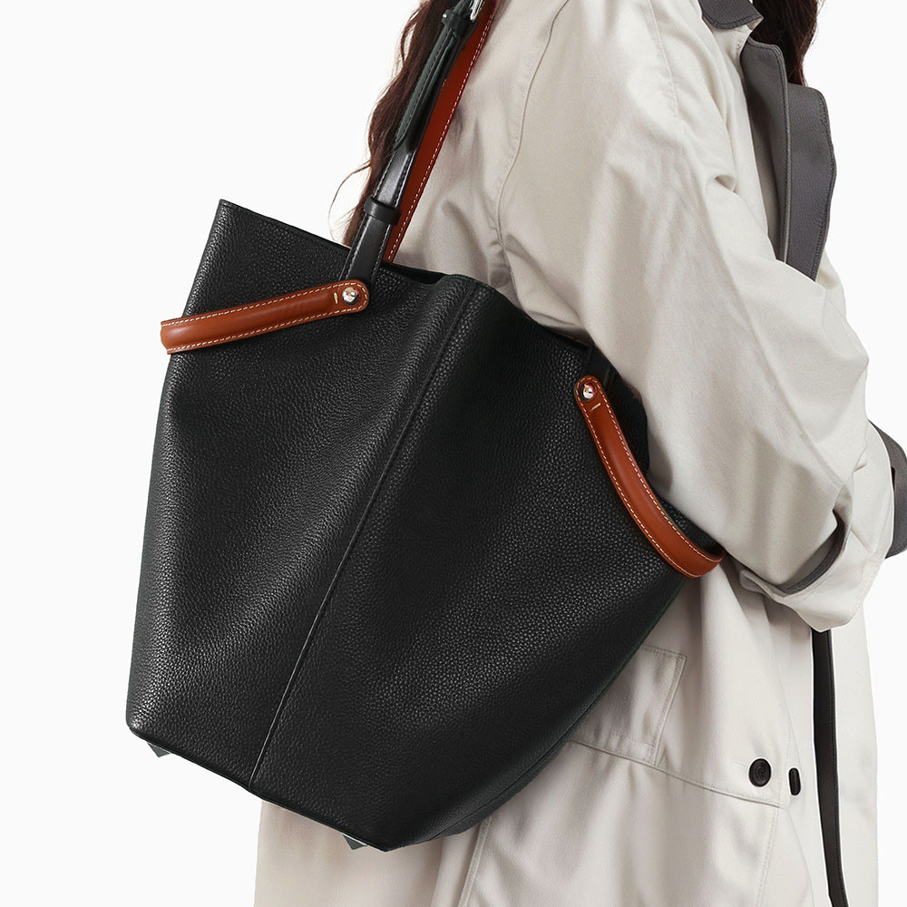 Top-Grain Leather Bucket Bag – Spacious Work Tote & Shoulder Bag for Women-Handbags-Black-17*17*31cm-Free Shipping Leatheretro