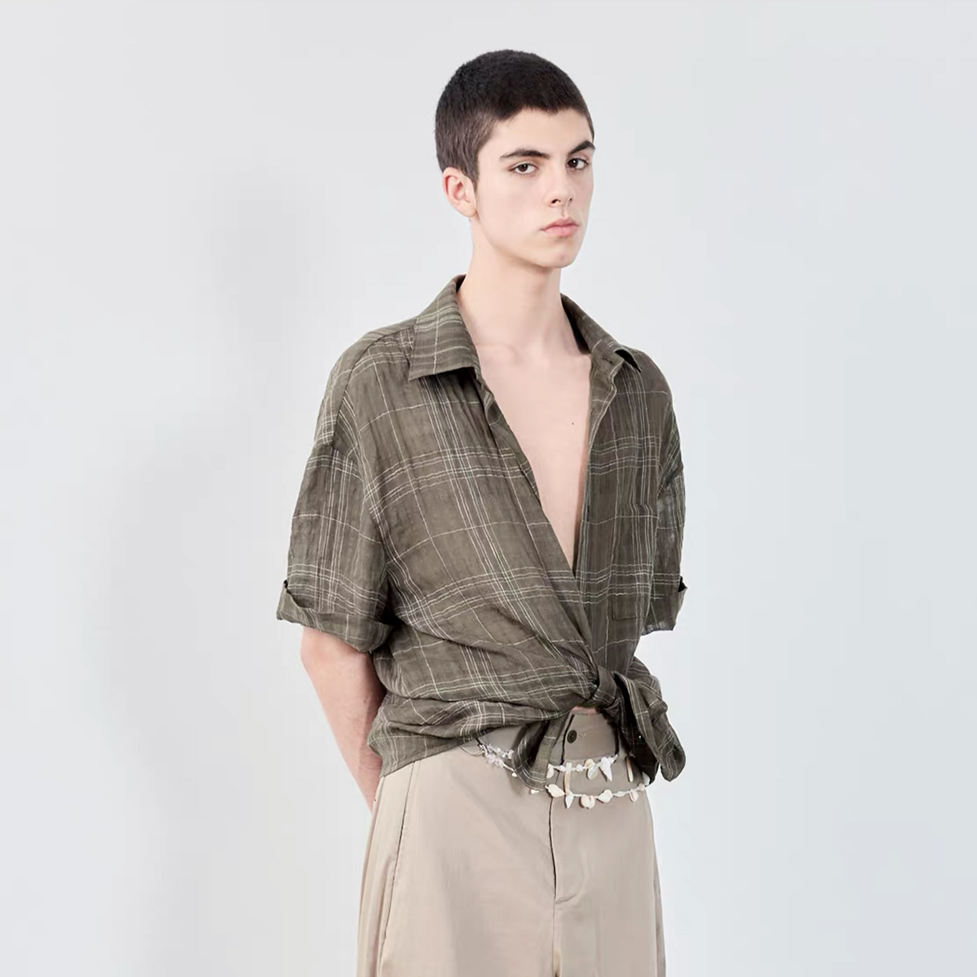 GRAINMUSTARD Linen-Cotton Plaid Half Shirt-Half shirt-XS-Green (S M for preorder)-Free Shipping Leatheretro