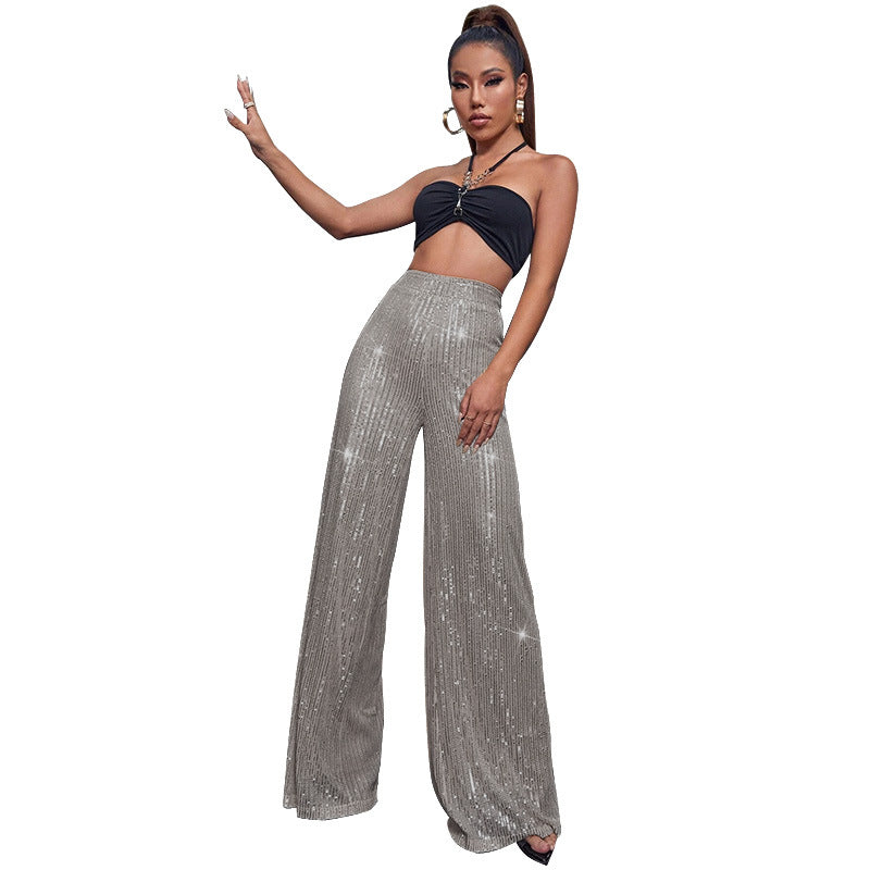 Fashion High Waist Sequin Summer Wide Legs Pants-Pants-Gray-S-Free Shipping Leatheretro