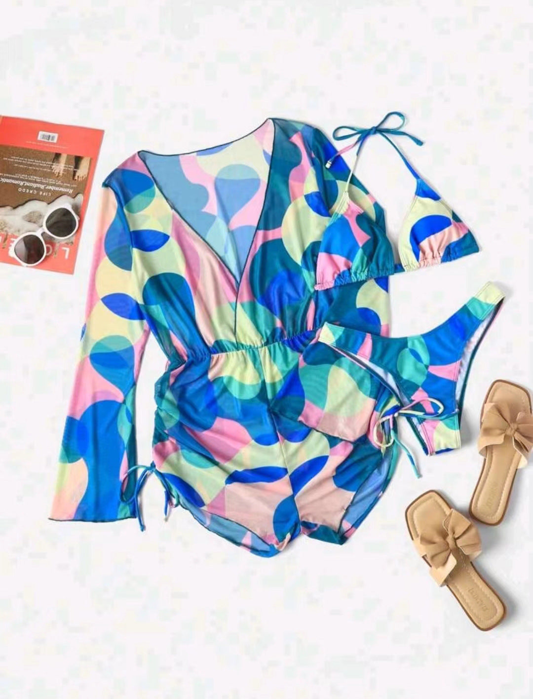 Sexy Long Sleeves Three Pieces Bikini Swimsuits-Swimwear-Blue-S-Free Shipping Leatheretro