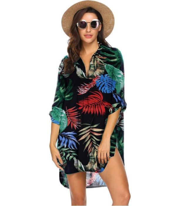 Summer Beach Chiffon Bikini Shirts-Swimwear-Black Floral-S-Free Shipping Leatheretro