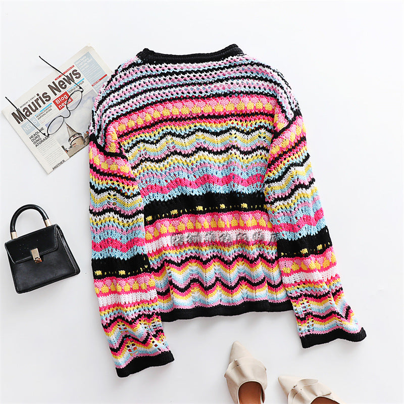 Casual Bohemian Striped Knitted Sweaters-Sweater&Hoodies-Green-S-Free Shipping Leatheretro