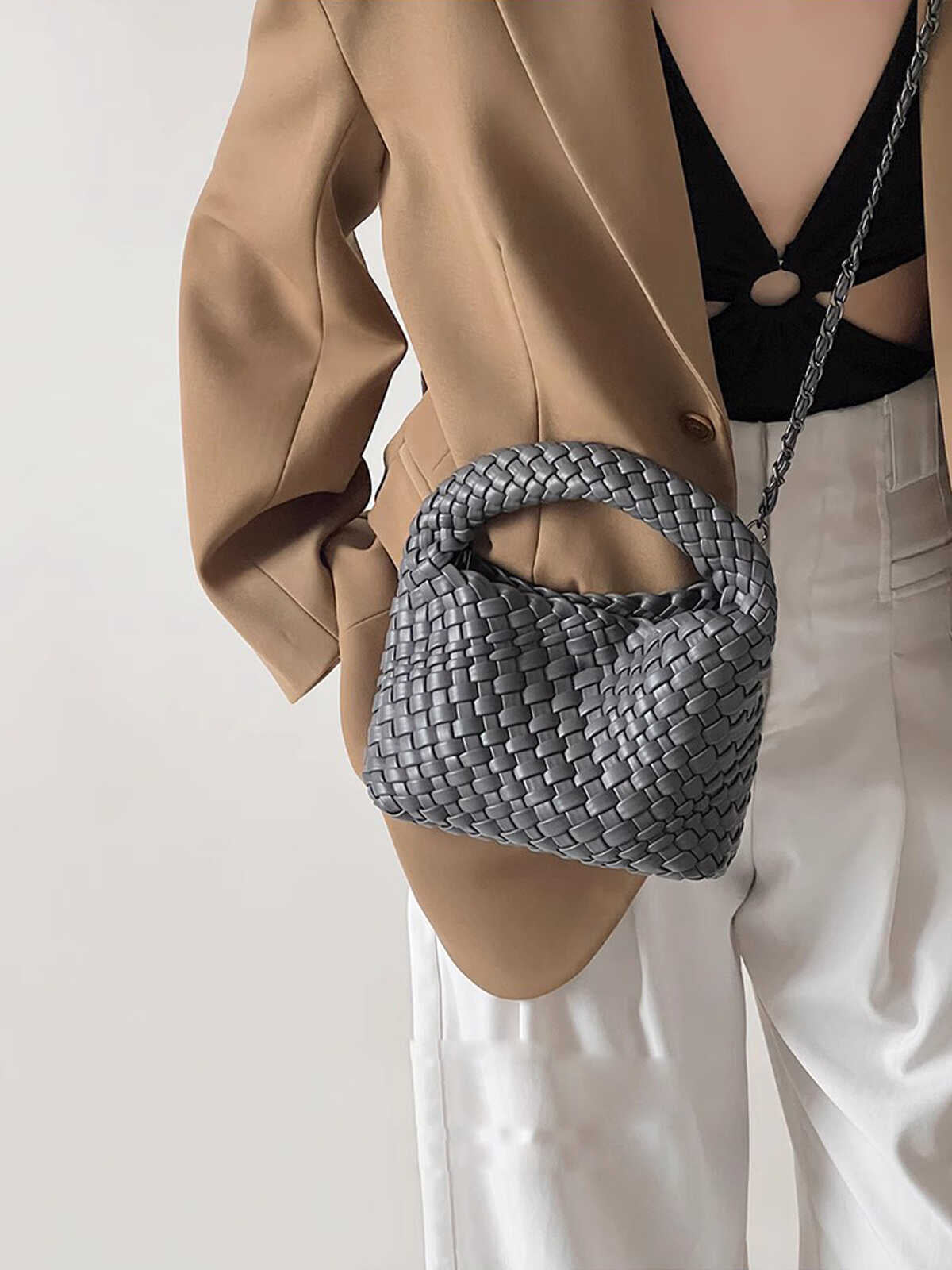 Handwoven Mini Faux Leather Handbag-黑色+编织零钱包+长链条-17cm *13cm-Free Shipping Leatheretro