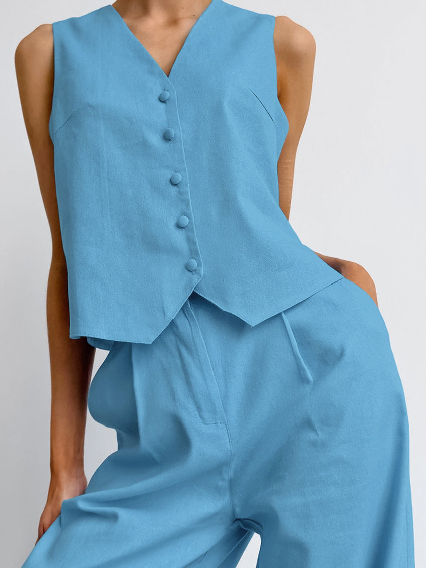 Casual V Neck Sleeveless Tops and Pant Suits-Suits-Blue-S-Free Shipping Leatheretro