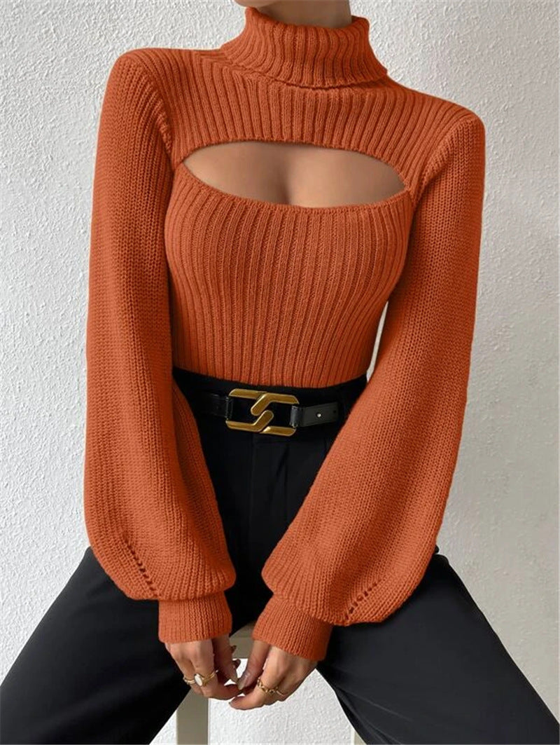 Sexy High Neck Short Knitted Sweaters-Sweater&Hoodies-Black-S-Free Shipping Leatheretro