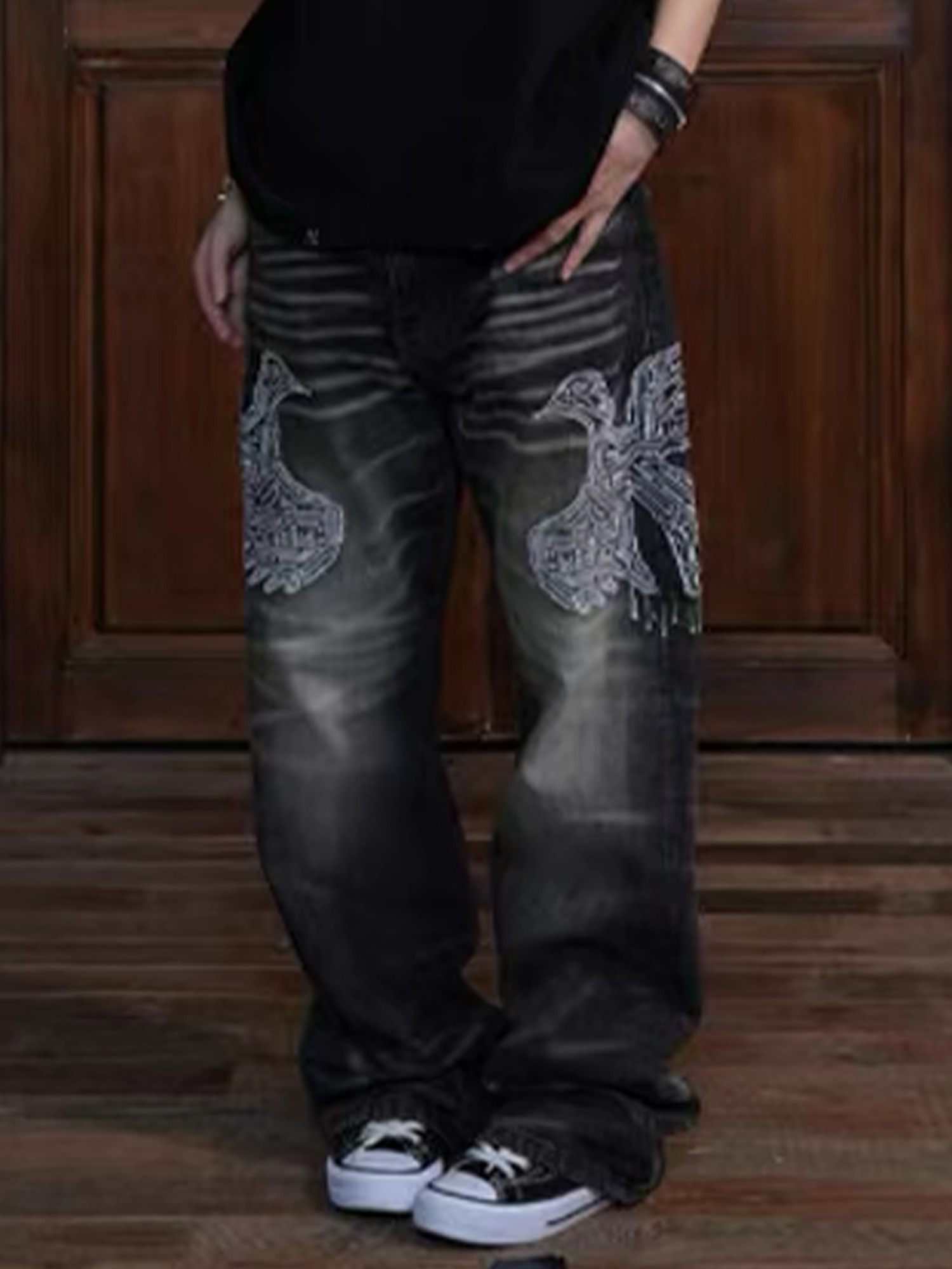 VINKID Faded Pigeon Embroidered Jeans-Jeans-S / 31"-Free Shipping Leatheretro