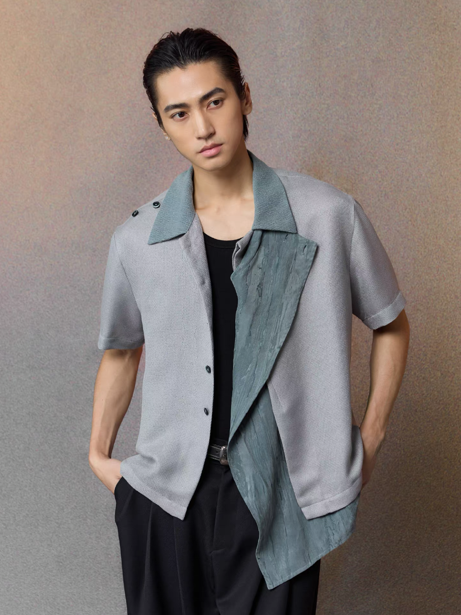 ALVNG AR ANTS Asymmetrical Contrast Spliced Linen Half Shirt-Half shirt-S-Blue-Free Shipping Leatheretro