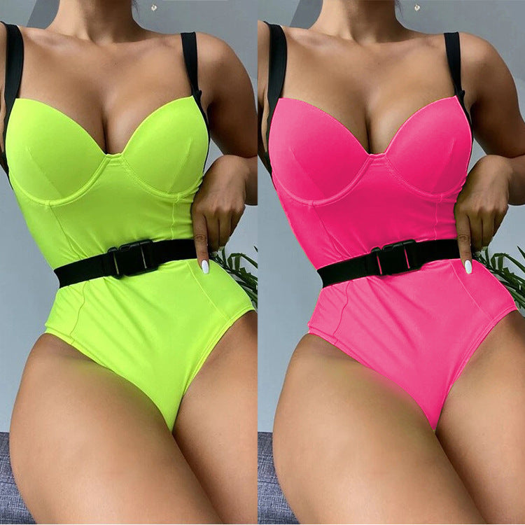 Women Sexy One Piece Bikini Swimsuits with Belt-Swimwear-Green-S-Free Shipping Leatheretro