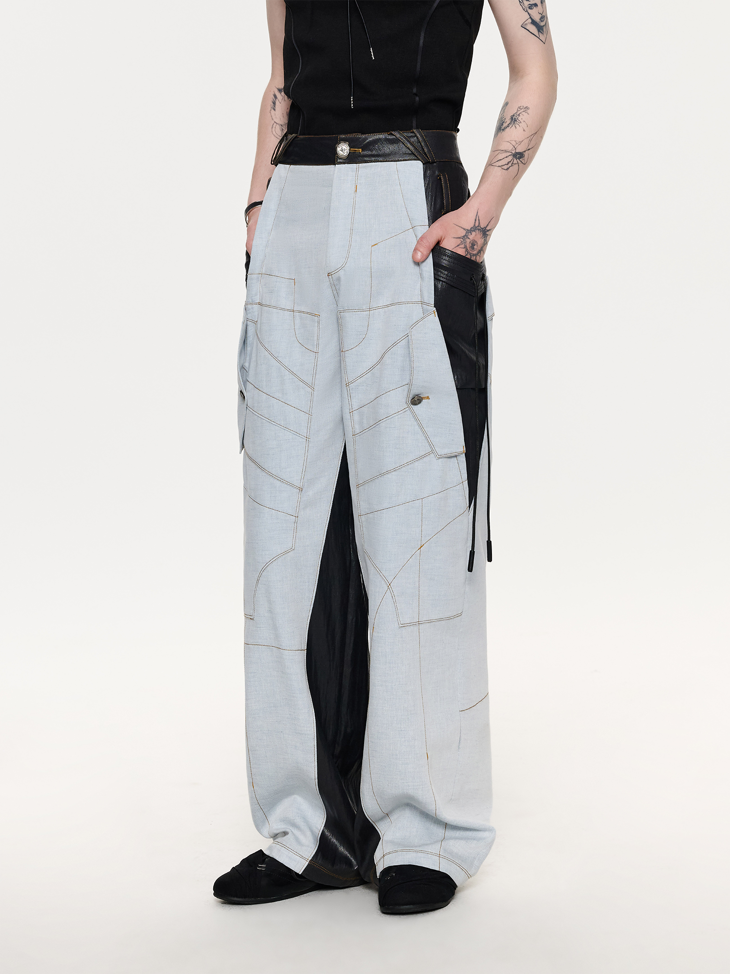 TIWILLTANG Contrast Stitch Paneled Wide-Leg Pants-Pants-S / 28-31”-Blue-Free Shipping Leatheretro