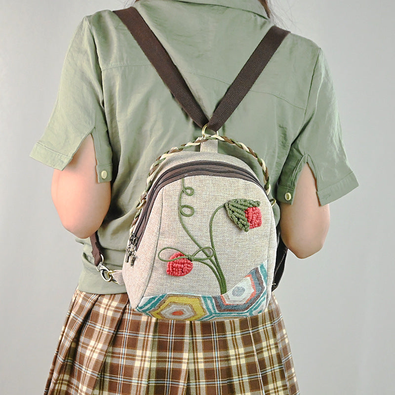 Handmade Woven Strawberry Linen Backpacks-Backpack-Ivory-Free Shipping Leatheretro