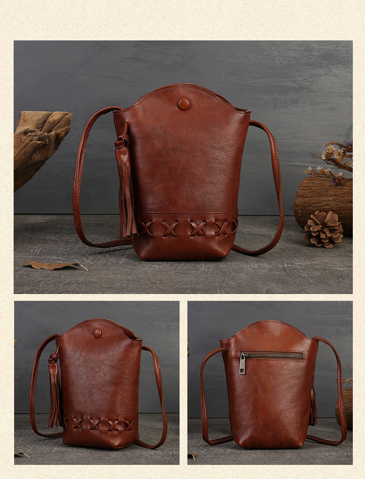 Vintage Full-Grain Cowhide Leather Woven Braided Phone Bag-crossbody bags-Brown-Free Shipping Leatheretro