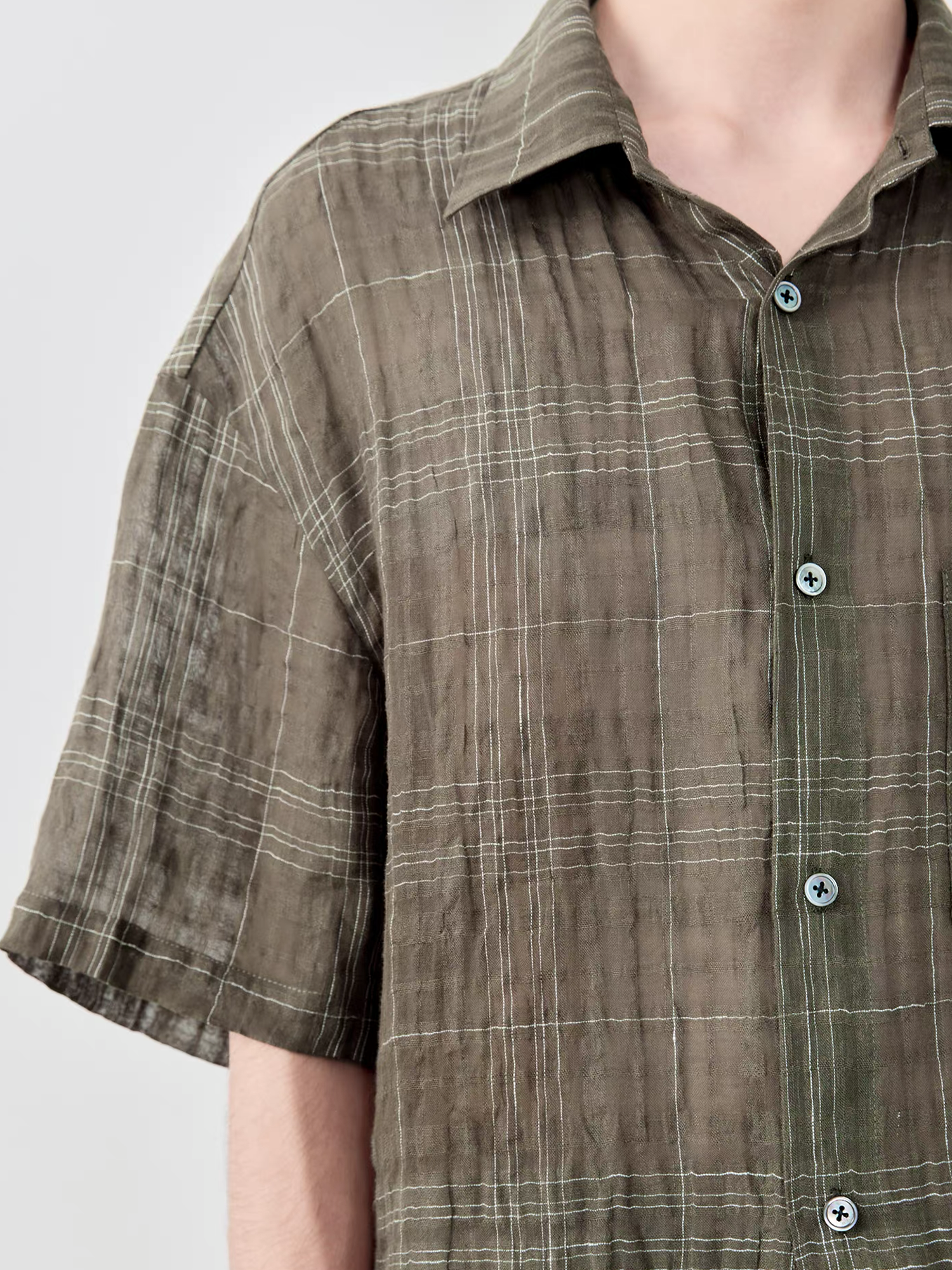 GRAINMUSTARD Linen-Cotton Plaid Half Shirt-Half shirt-XS-Green (S M for preorder)-Free Shipping Leatheretro