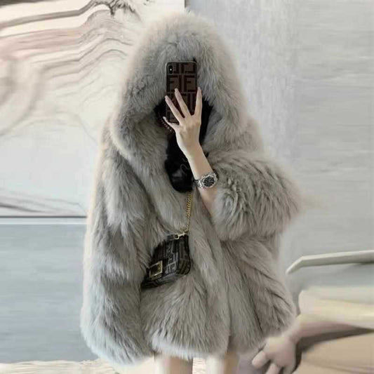 Casual Faux Fox Fur Overcoats for Women-Outerwear-Gray-S-Free Shipping Leatheretro