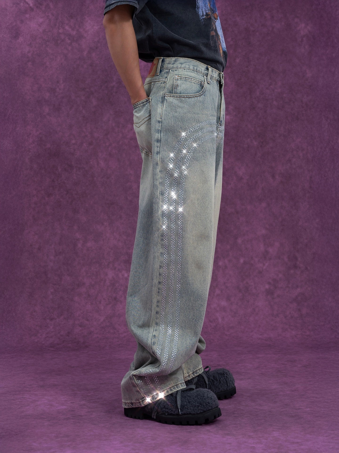 CLP Men's Retro Light Blue Curved Hem Jeans-Light Blue-S-Free Shipping Leatheretro