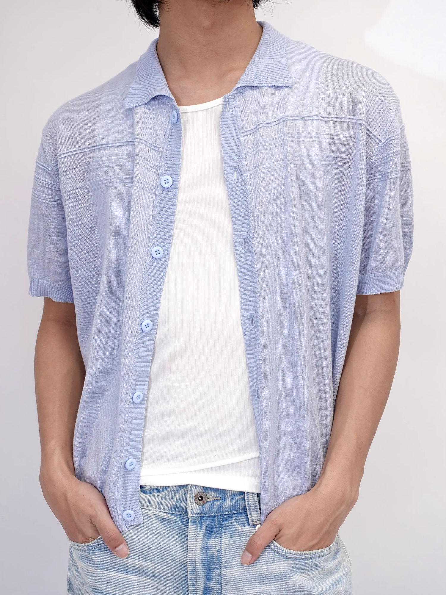 IN EXISTENCE Jacquard-Trim Wool-Blend Knit Half Shirt-Half shirt-S (1)-Blue (S M for Preorder)-Free Shipping Leatheretro