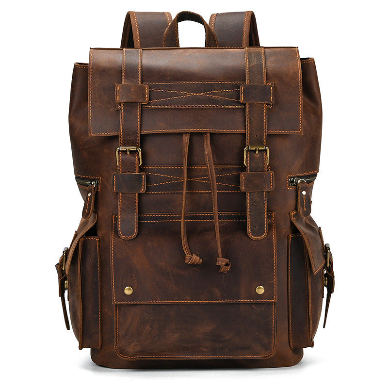 Retro Crazy Horse Leather Backpack – Large Capacity 16-Inch Cowhide Laptop & Travel Bag with Multi-Flap Pockets-Backpacks-Coffee-Free Shipping Leatheretro