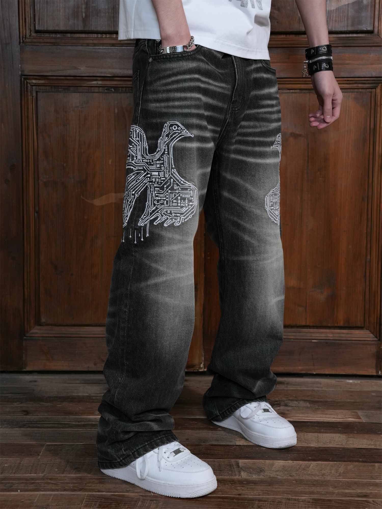 VINKID Faded Pigeon Embroidered Jeans-Jeans-S / 31"-Free Shipping Leatheretro