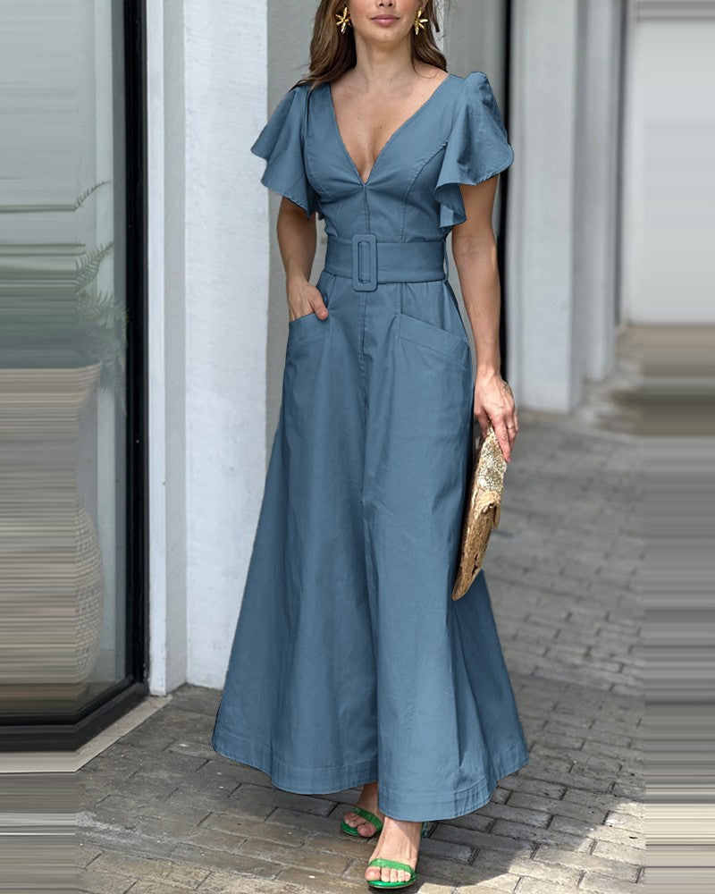 Fashion V Neck Ruffled Long Dresses-Dresses-Blue-S-Free Shipping Leatheretro