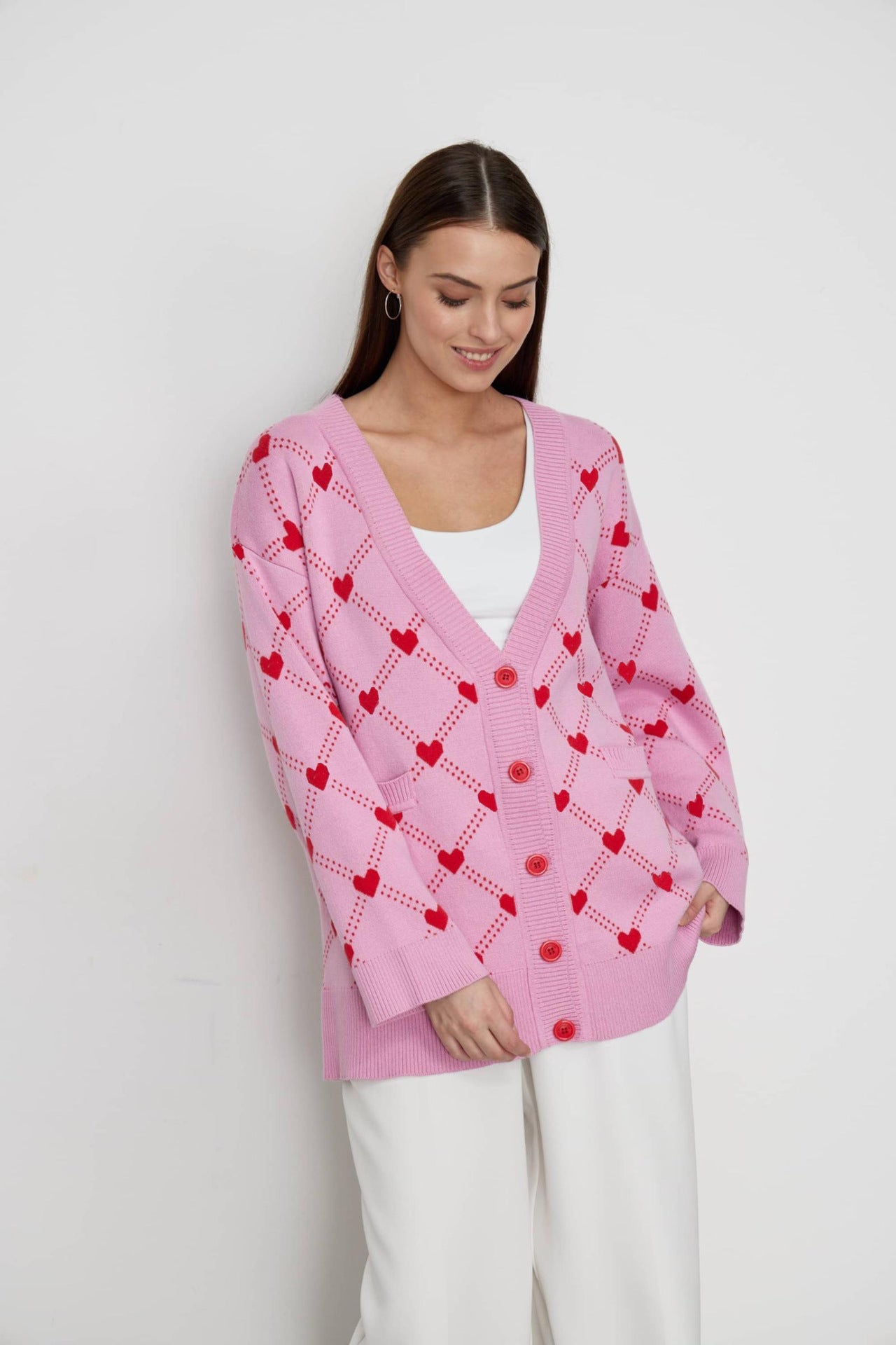 Lovely Pink Sweet Heart Fall Knitted Cardigan-Sweater&Hoodies-Rose Red-S-Free Shipping Leatheretro