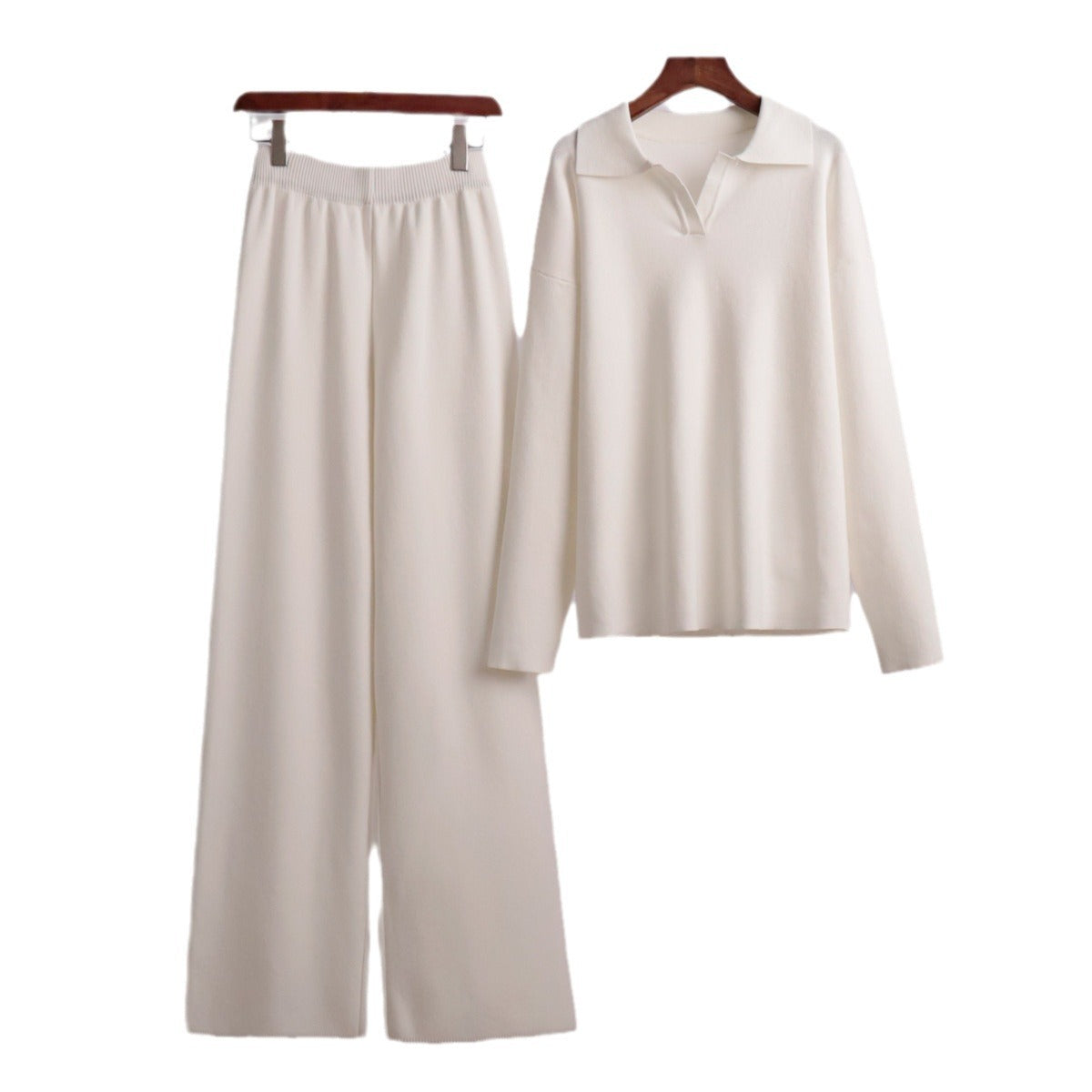 Fashion Winter Polo Neck Knitted Tops & Wide Legs Pants-suits-Ivory-S-Free Shipping Leatheretro