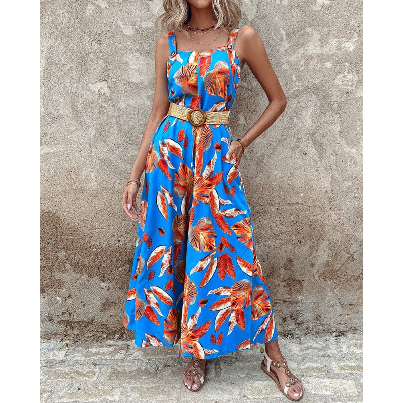 Fashion Floral Print Summer Jumpsuits with Belt-suits-Blue-S-Free Shipping Leatheretro