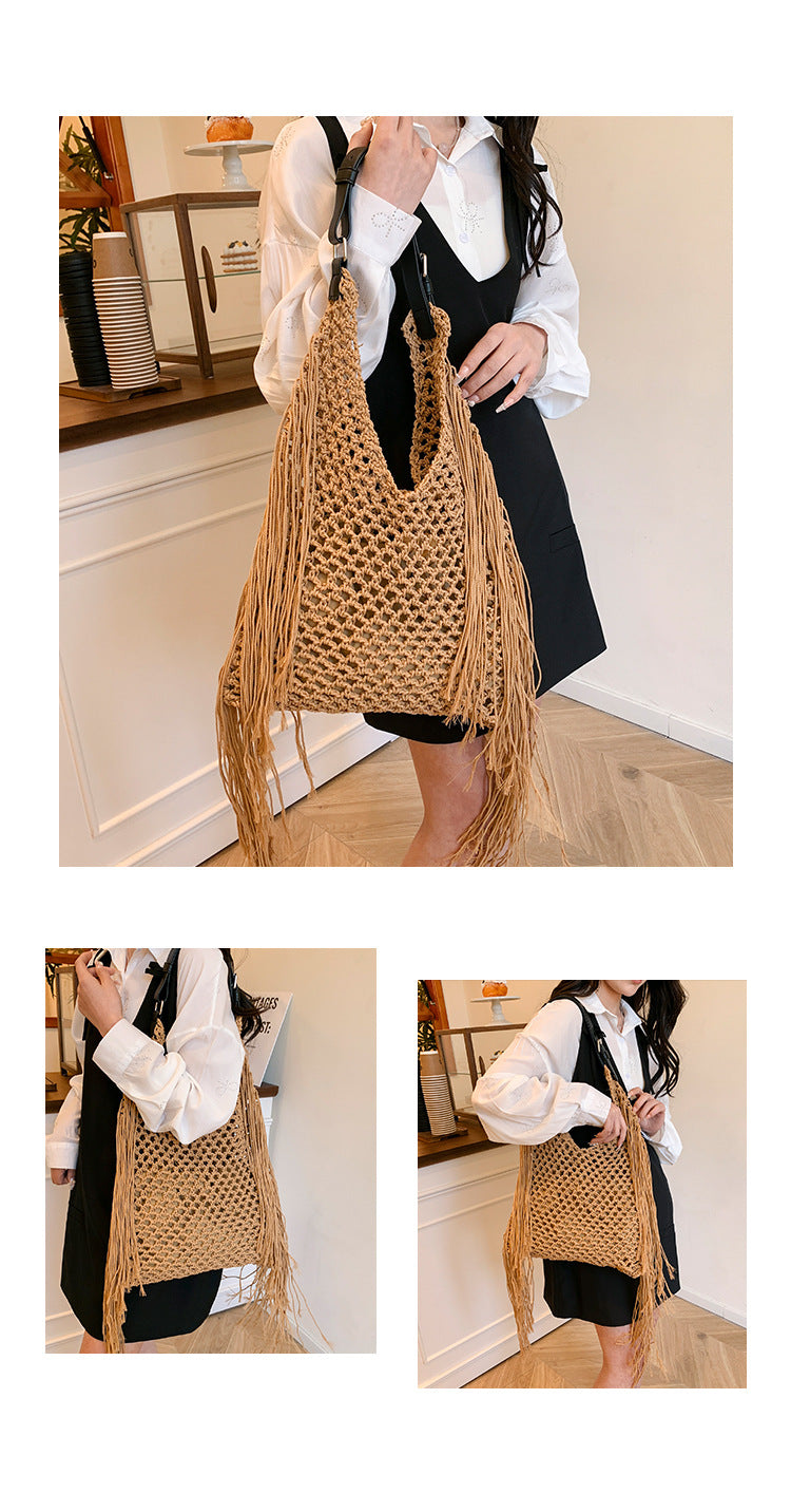 Retro Fringe Handwoven Crochet Tote Bag-Black-Free Shipping Leatheretro