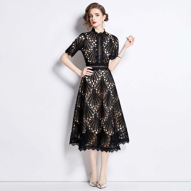 Elegant Round Neck Summer Midi Length Lace Dresses-Dresses-Black-2XL-Free Shipping Leatheretro