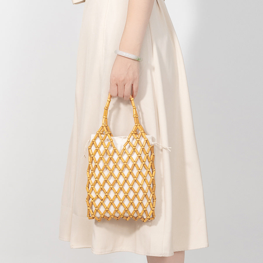 Handwoven Boho Macrame Bag – Elegant Hollow Wood Bead Handbag for Women-ivory white-18*2.5*24CM-Free Shipping Leatheretro