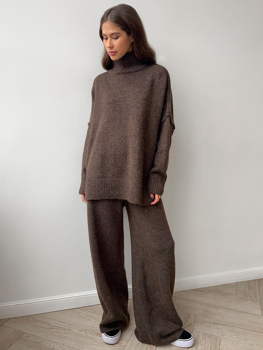 Casual High Neck Pullover Sweaters & Knitted Pants-Suits-Camel-S-Free Shipping Leatheretro