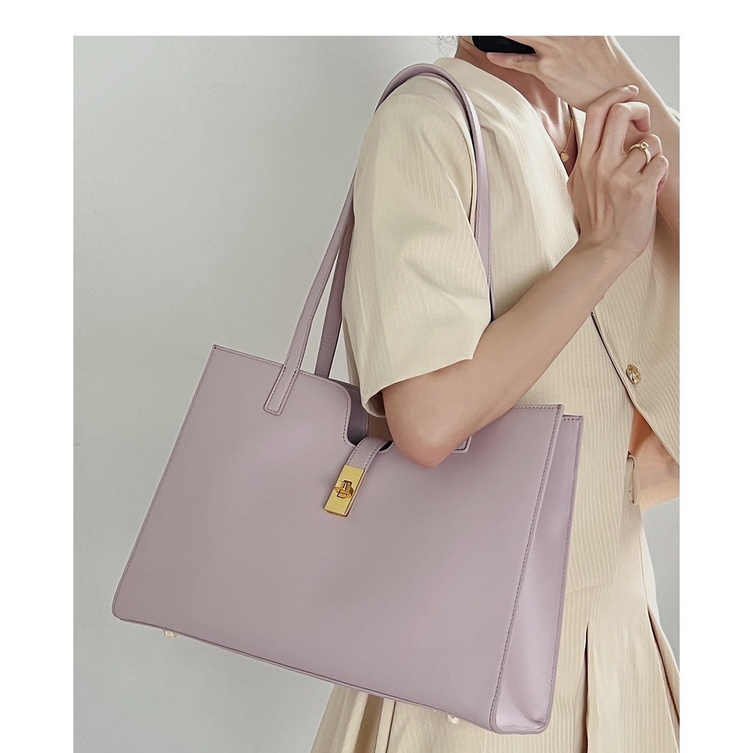 Women's Leather Spacious Tote Bag-Handbags-beige-Free Shipping Leatheretro