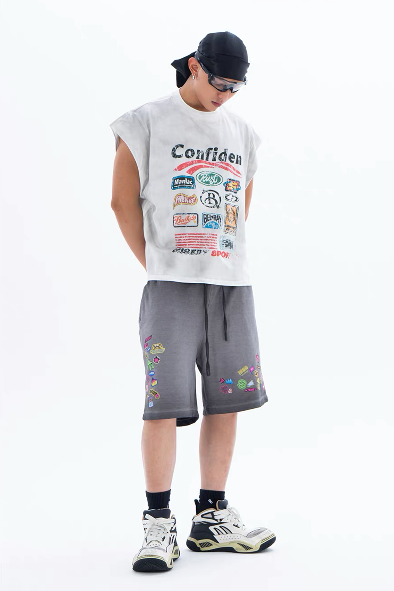 CLP Retro Gradient Badge Graphic Drawstring Shorts-Shorts-M / 27"-Free Shipping Leatheretro